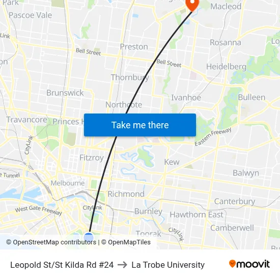 Leopold St/St Kilda Rd #24 to La Trobe University map