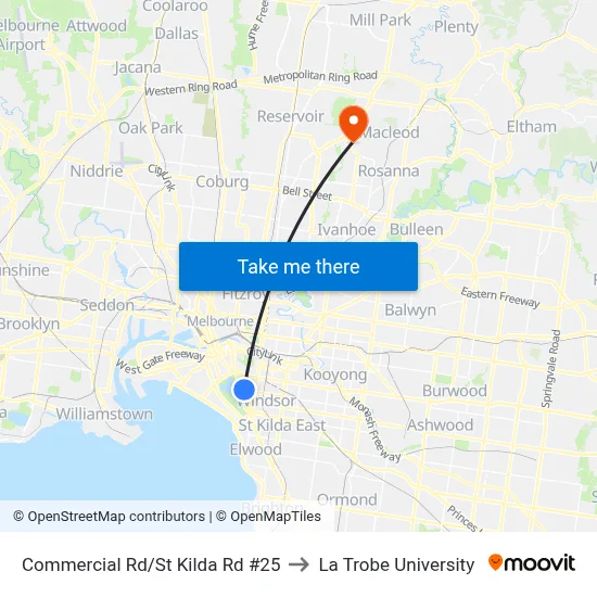 Commercial Rd/St Kilda Rd #25 to La Trobe University map