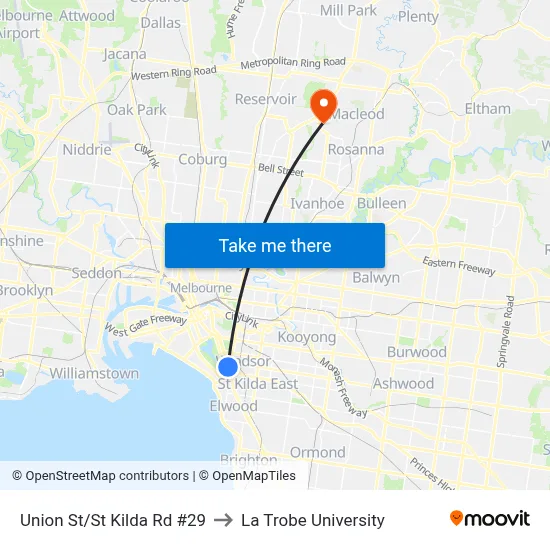 Union St/St Kilda Rd #29 to La Trobe University map