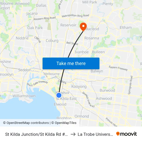 St Kilda Junction/St Kilda Rd #30 to La Trobe University map