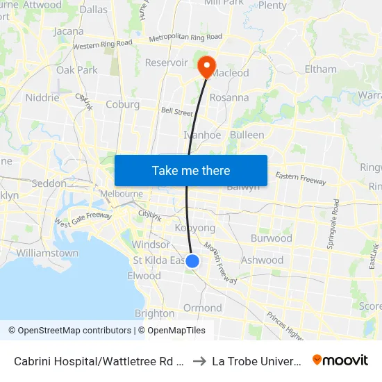 Cabrini Hospital/Wattletree Rd #47 to La Trobe University map