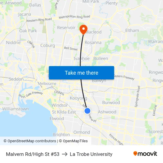 Malvern Rd/High St #53 to La Trobe University map