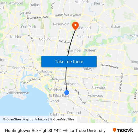 Huntingtower Rd/High St #42 to La Trobe University map