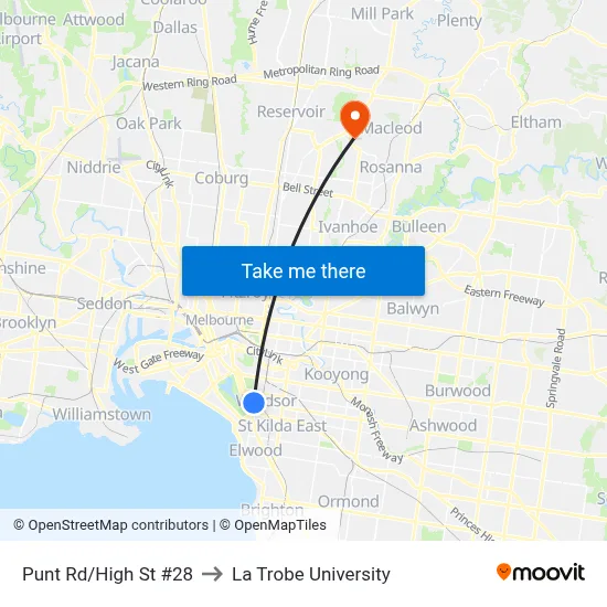 Punt Rd/High St #28 to La Trobe University map