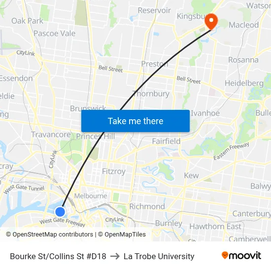Bourke St/Collins St #D18 to La Trobe University map
