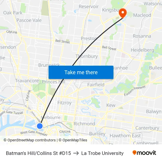 Batman's Hill/Collins St #D15 to La Trobe University map