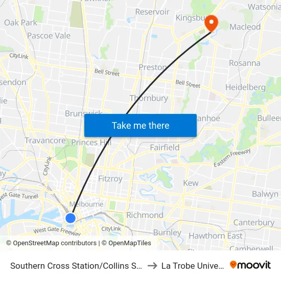 Southern Cross Station/Collins St #D14 to La Trobe University map