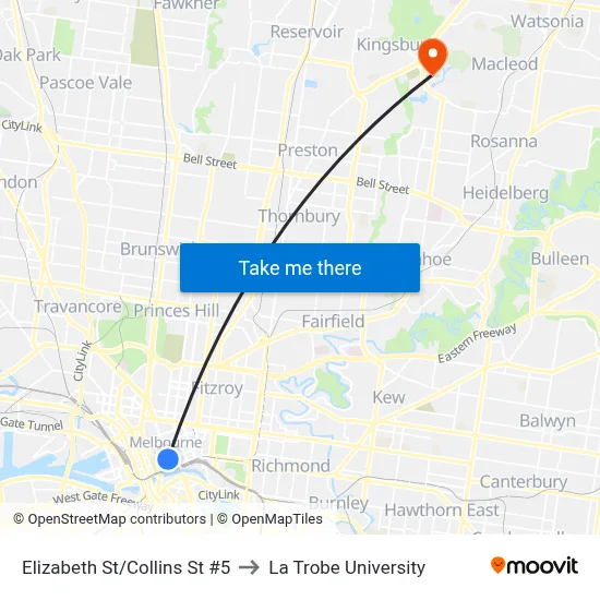 Elizabeth St/Collins St #5 to La Trobe University map