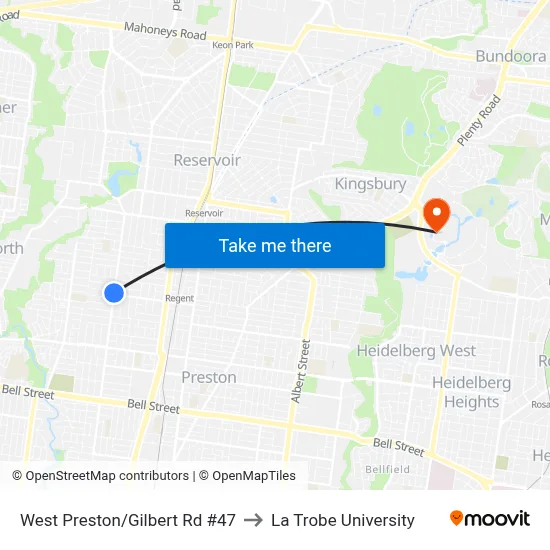 West Preston/Gilbert Rd #47 to La Trobe University map