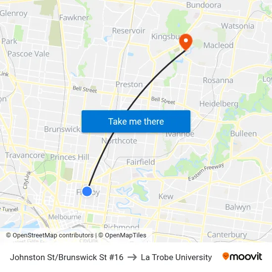 Johnston St/Brunswick St #16 to La Trobe University map