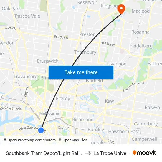 Southbank Tram Depot/Light Rail #125a to La Trobe University map