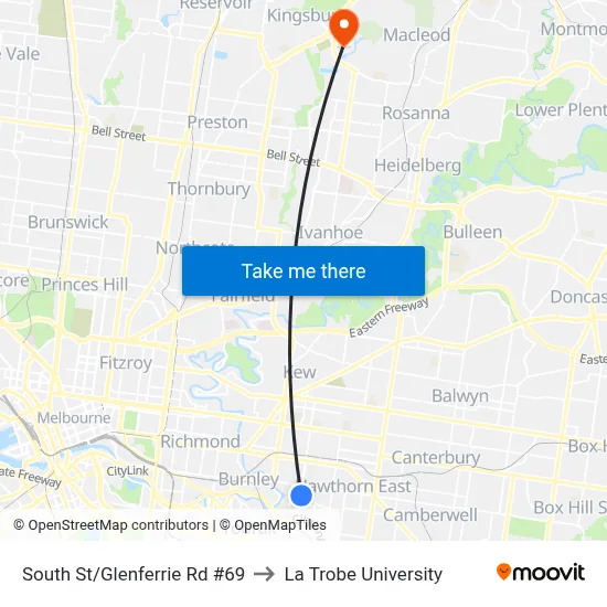 South St/Glenferrie Rd #69 to La Trobe University map