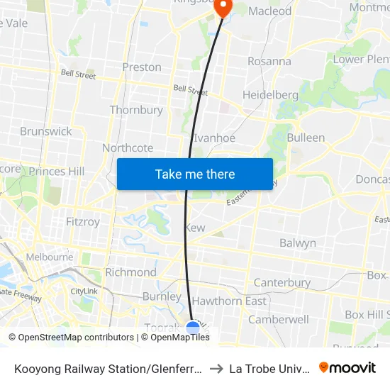 Kooyong Railway Station/Glenferrie Rd #65 to La Trobe University map