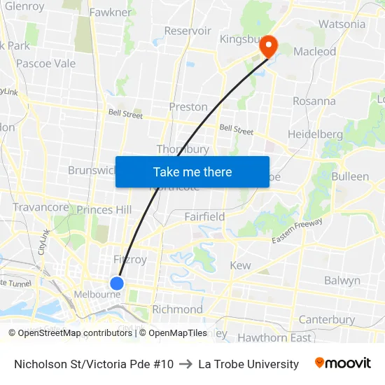 Nicholson St/Victoria Pde #10 to La Trobe University map