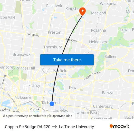 Coppin St/Bridge Rd #20 to La Trobe University map