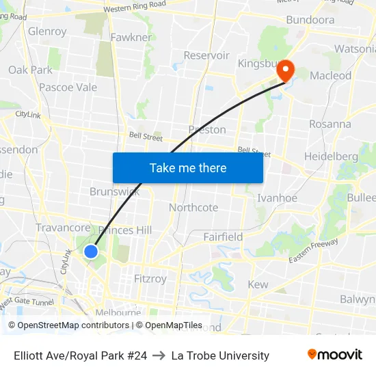 Elliott Ave/Royal Park #24 to La Trobe University map