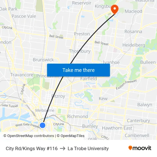 City Rd/Kings Way #116 to La Trobe University map