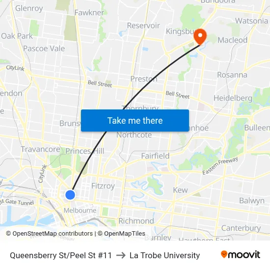 Queensberry St/Peel St #11 to La Trobe University map