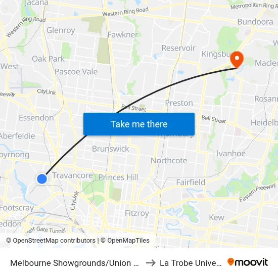 Melbourne Showgrounds/Union Rd #33 to La Trobe University map