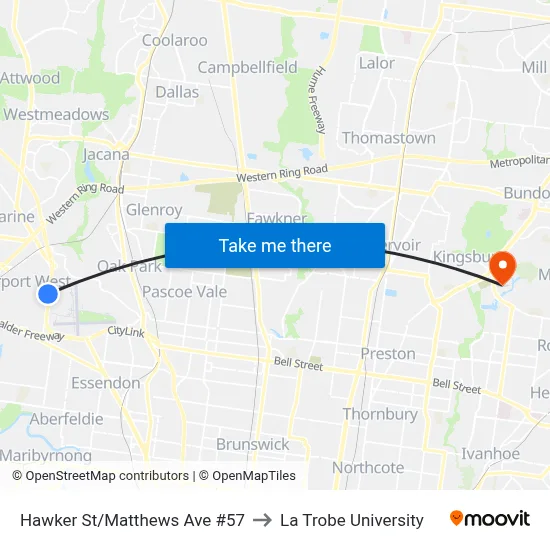Hawker St/Matthews Ave #57 to La Trobe University map