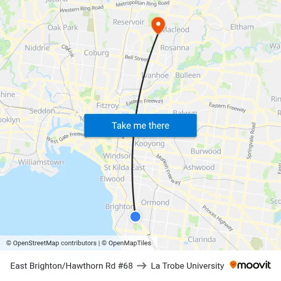 East Brighton/Hawthorn Rd #68 to La Trobe University map