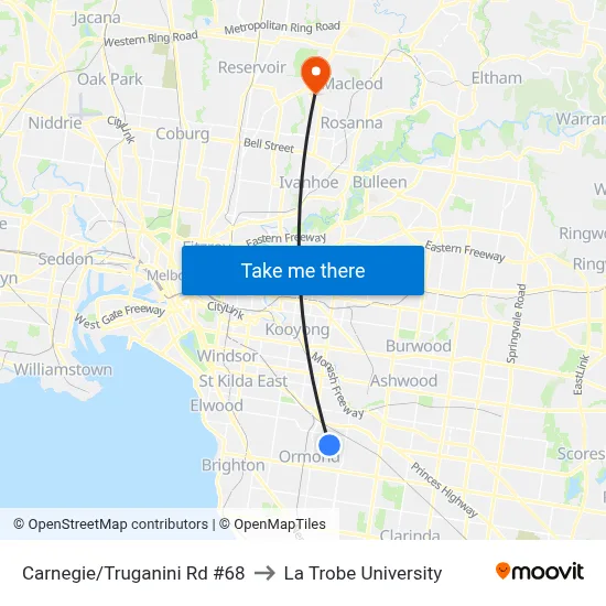 Carnegie/Truganini Rd #68 to La Trobe University map