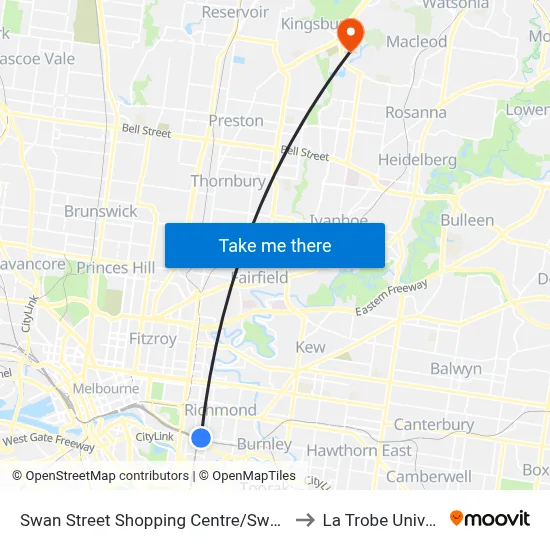 Swan Street Shopping Centre/Swan St #10 to La Trobe University map