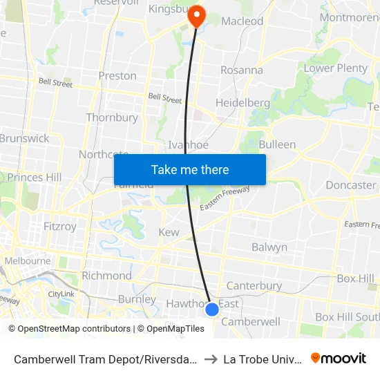 Camberwell Tram Depot/Riversdale Rd #39 to La Trobe University map