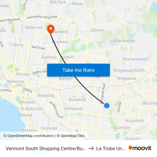 Vermont South Shopping Centre/Burwood Hwy #75 to La Trobe University map