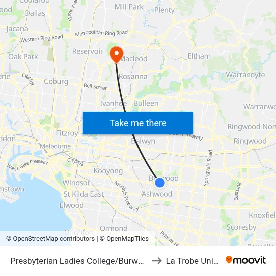 Presbyterian Ladies College/Burwood Hwy #61 to La Trobe University map