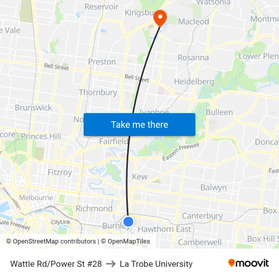 Wattle Rd/Power St #28 to La Trobe University map
