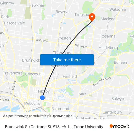 Brunswick St/Gertrude St #13 to La Trobe University map