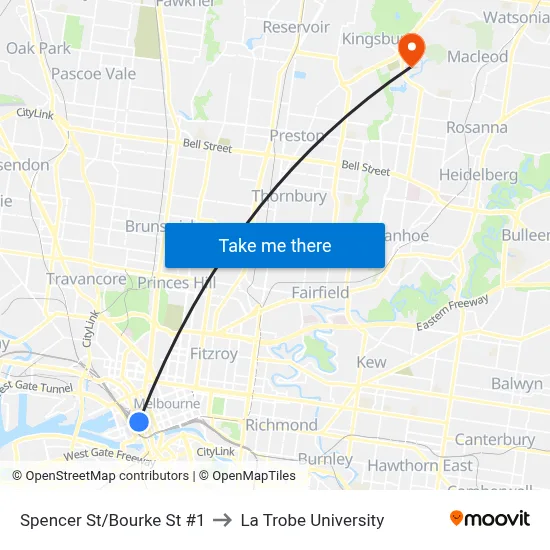 Spencer St/Bourke St #1 to La Trobe University map