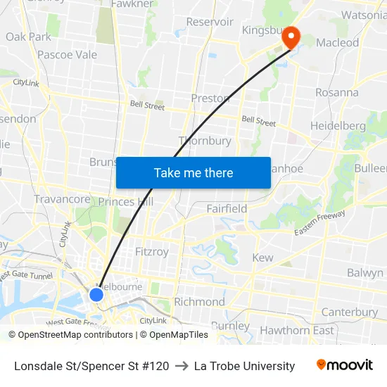 Lonsdale St/Spencer St #120 to La Trobe University map