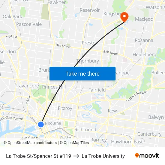 La Trobe St/Spencer St #119 to La Trobe University map