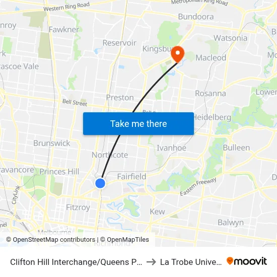 Clifton Hill Interchange/Queens Pde #25 to La Trobe University map