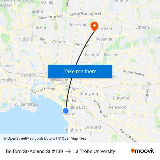 Belford St/Acland St #139 to La Trobe University map