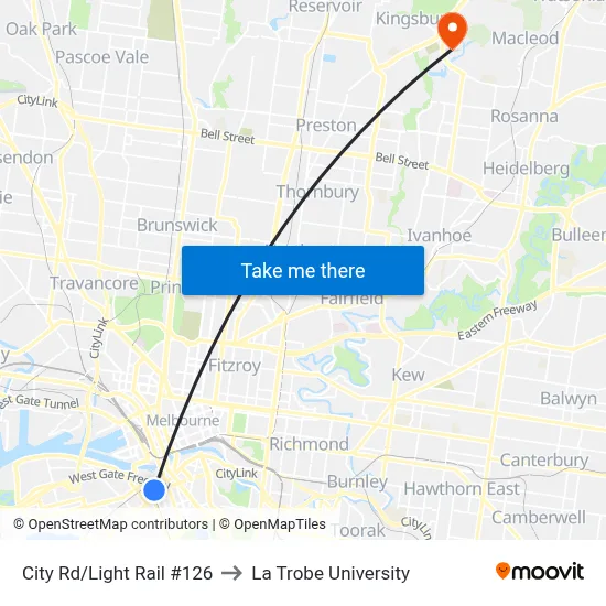 City Rd/Light Rail #126 to La Trobe University map