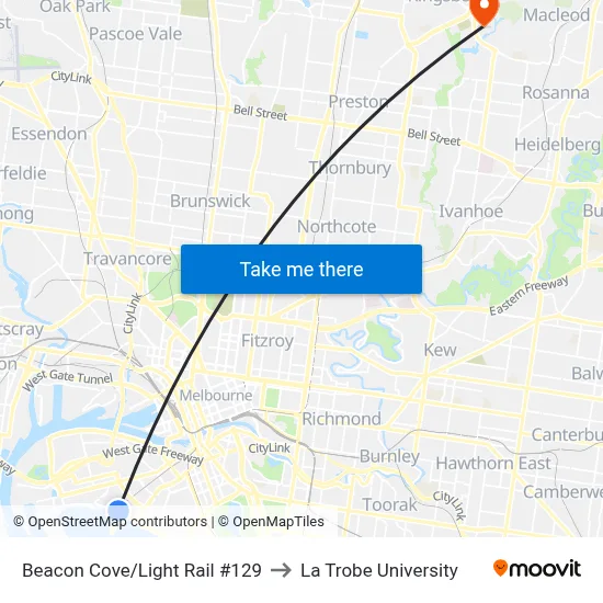 Beacon Cove/Light Rail #129 to La Trobe University map