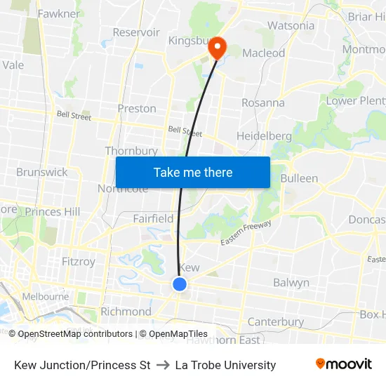Kew Junction/Princess St to La Trobe University map