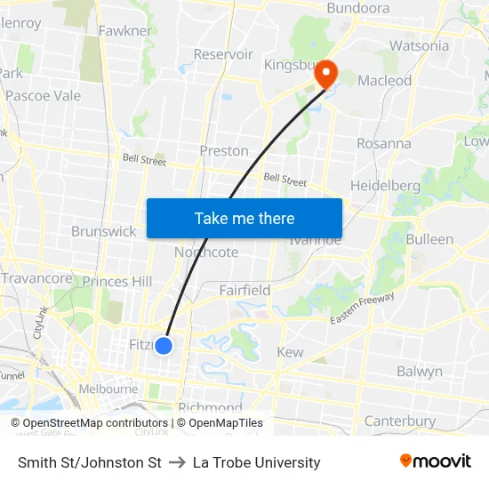 Smith St/Johnston St to La Trobe University map