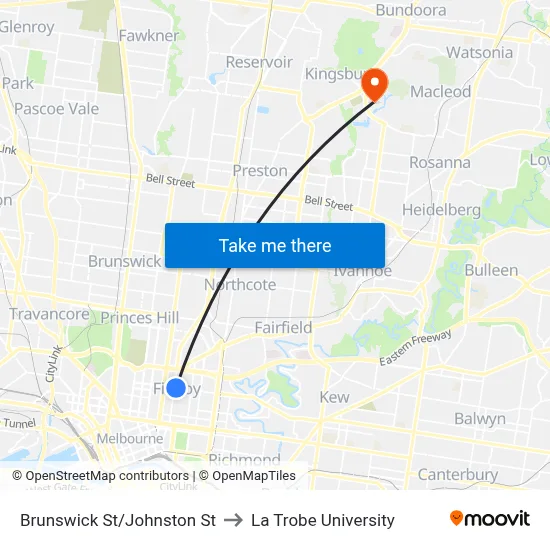 Brunswick St/Johnston St to La Trobe University map