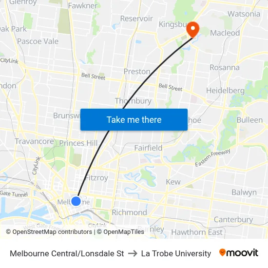 Melbourne Central/Lonsdale St to La Trobe University map