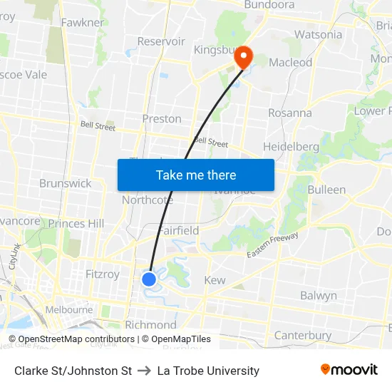 Clarke St/Johnston St to La Trobe University map