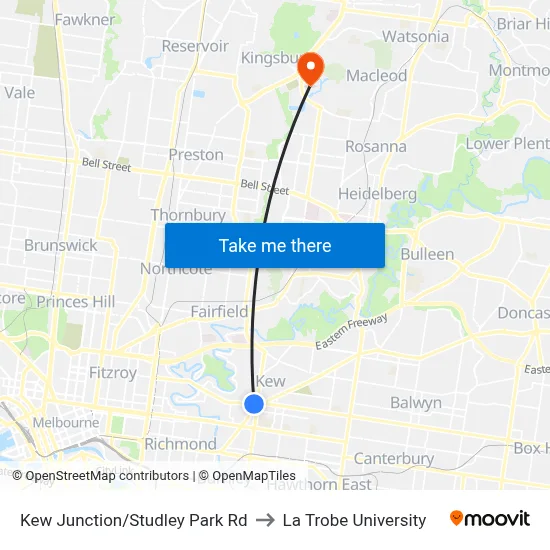 Kew Junction/Studley Park Rd to La Trobe University map
