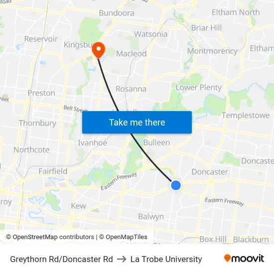 Greythorn Rd/Doncaster Rd to La Trobe University map