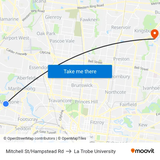 Mitchell St/Hampstead Rd to La Trobe University map