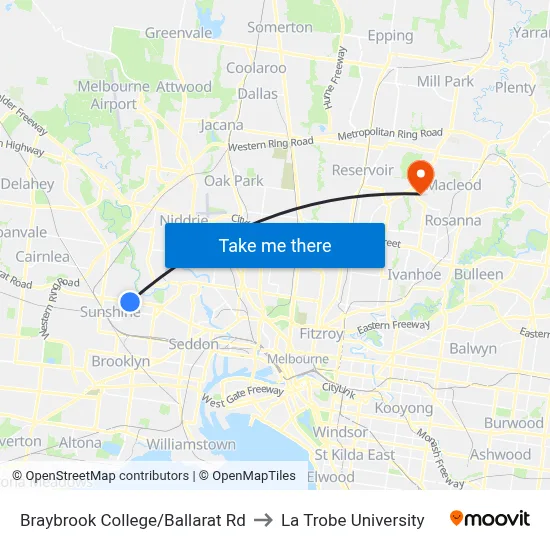 Braybrook College/Ballarat Rd to La Trobe University map