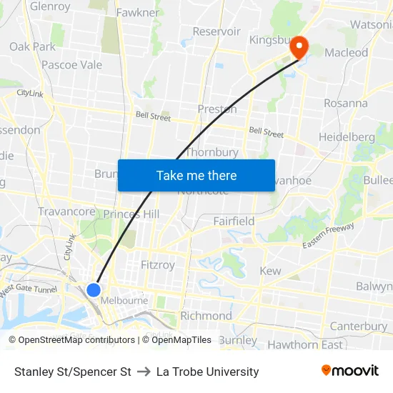 Stanley St/Spencer St to La Trobe University map
