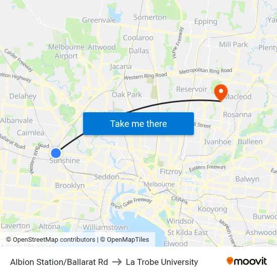 Albion Station/Ballarat Rd to La Trobe University map